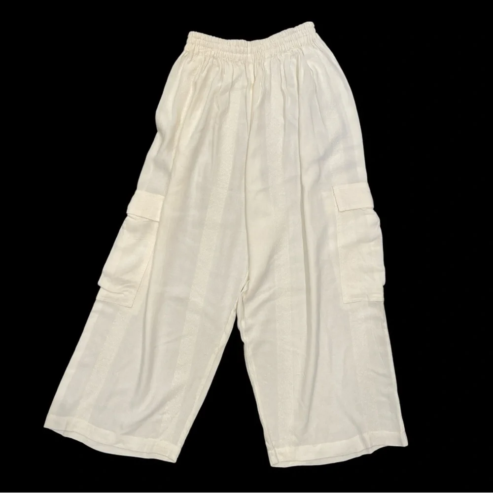 Cream Wide Leg Cargo Pants High Rise Elastic Waist Minimalist Lounge - Picture 2 of 6